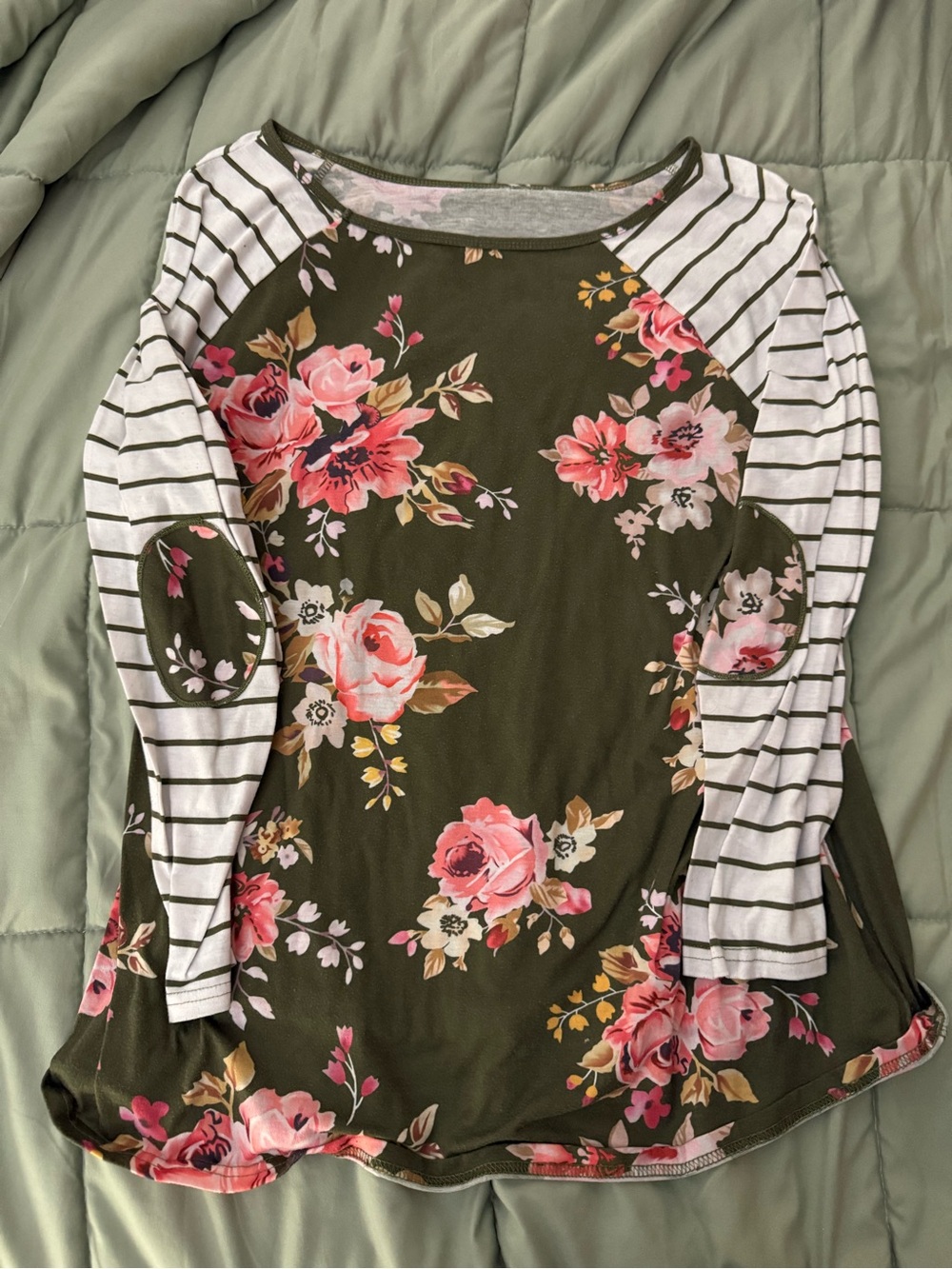 Source Unknown Olive Floral Raglan Top with Pink Roses and Striped Sleeves
